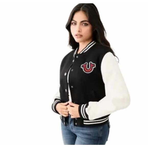 True Religion Black & White Varsity Jacket Button Up Vintage Style Sz Large - Picture 2 of 7